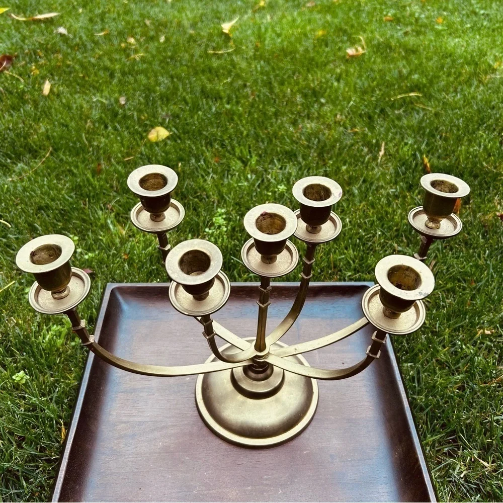Vintage Solid Brass Mid Century Candelabra  | Menorah 7 Arm Candle Holder